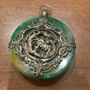 Antique Jade Green Glass Chinese Brass Filagree Pendant ￼ Dragons & Butterflies￼